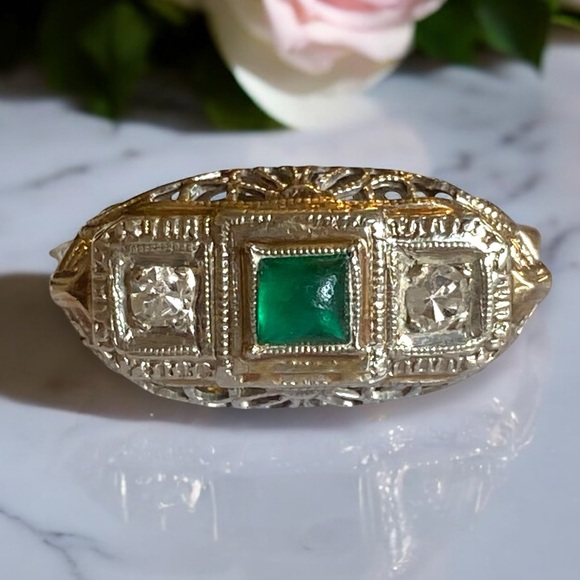 Antique 14k White Gold Emerald and Diamond Ring Size 7.5 BEAUTIFUL! - Picture 1 of 16